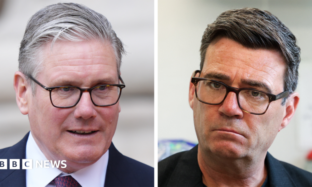 Split image of Sir Keir Starmer and Andy Burnham. Both are wearing black rimmed glasses