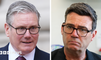 Split image of Sir Keir Starmer and Andy Burnham. Both are wearing black rimmed glasses