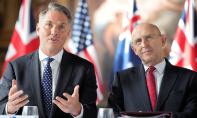 (L-R) Australian Defence Minister Richard Marles and UK Defense Secretary John Healey sit together for the AUKUS Defence Ministers Meeting at Old Royal Naval College on September 26, 2024 in London, England.