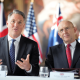 (L-R) Australian Defence Minister Richard Marles and UK Defense Secretary John Healey sit together for the AUKUS Defence Ministers Meeting at Old Royal Naval College on September 26, 2024 in London, England.
