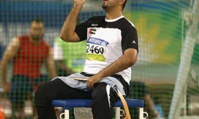 Abdullah Hayayei of UAE competes in the men's discus F34 final during the Evening Session on Day Ten of the IPC Athletics World Championships at Suhaim Bin Hamad Stadium on October 31, 2015 in Doha, Qatar.