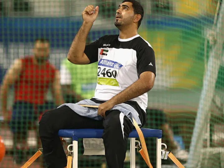 Abdullah Hayayei of UAE competes in the men's discus F34 final during the Evening Session on Day Ten of the IPC Athletics World Championships at Suhaim Bin Hamad Stadium on October 31, 2015 in Doha, Qatar.