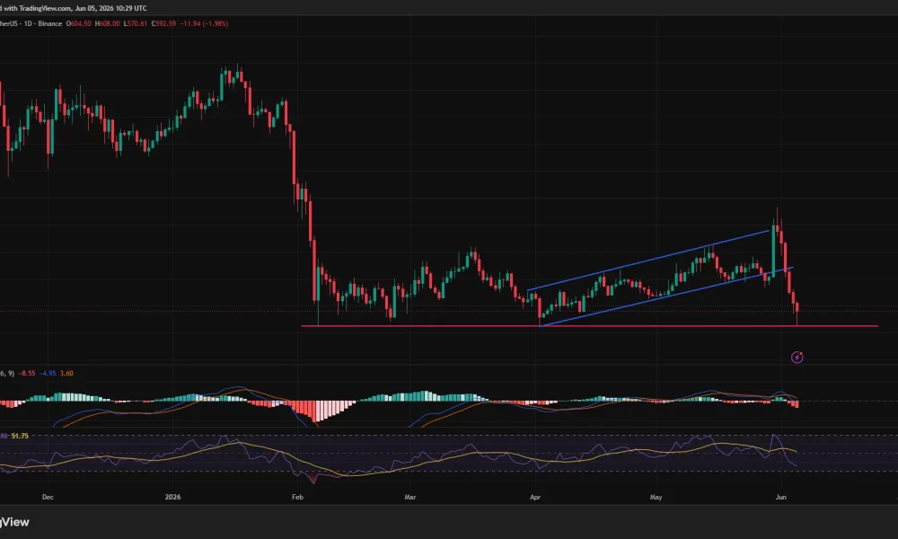 BNB price has broken below an ascending channel pattern and is now testing a major support level on the daily chart.
