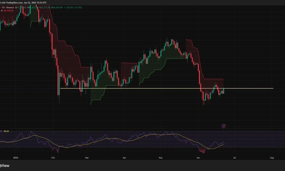 Bitcoin daily chart showing a rebound above the key $65,000 level, with resistance emerging around the $68,200-$68,500 zone.