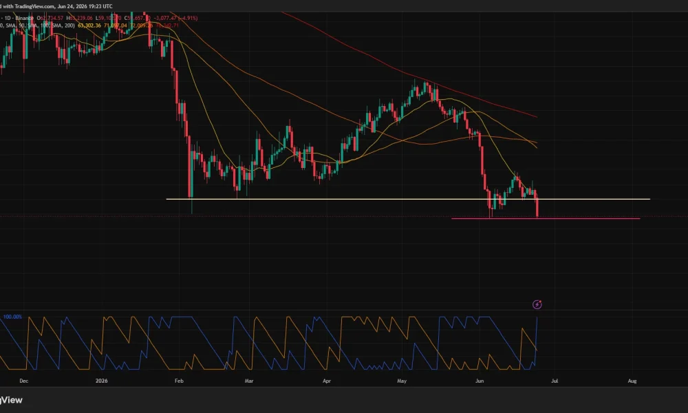 BTC falls to June lows near $59,200 while trading below key moving averages on the daily chart.