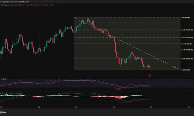 Bitcoin daily chart showing price below a descending trendline, testing support near $58,200 with RSI near oversold and bearish MACD.