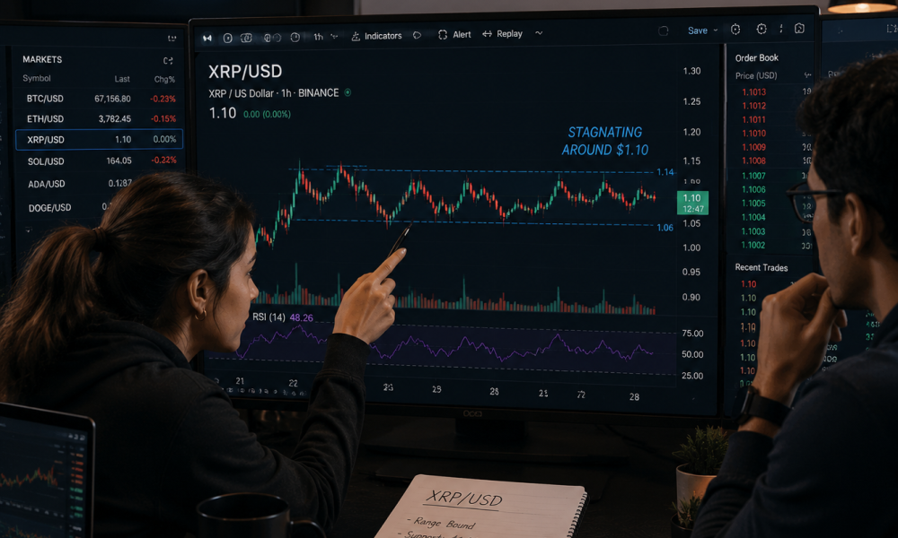 Traders analyzing XRP as it stays below $1.12