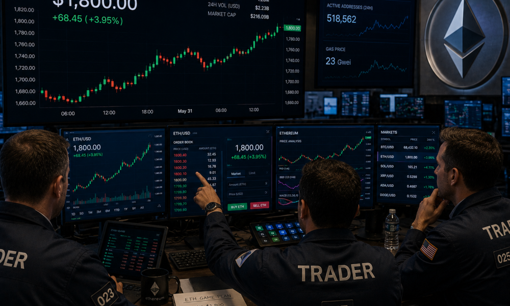 Traders analyzing a bullish ETH/USD chart