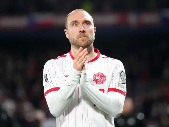 Christian Eriksen of Denmark applauds the crowd after the FIFA World Cup 2026 European Qualifiers KO play-offs match between Czechia and Denmark at EPET ARENA on March 31, 2026 in Prague, Czech Republic.