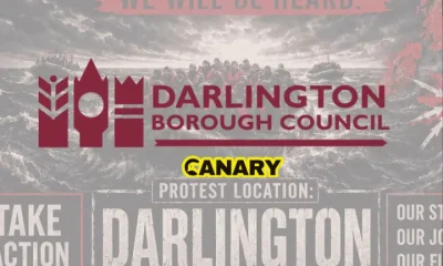 In the background is an image of a flyer to 'Stop the Boats' for a future protest in Darlington. In the foreground is the Darlington Borough Council logo and underneath is it the Canary UK logo