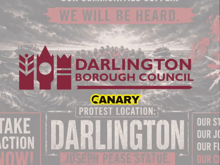 In the background is an image of a flyer to 'Stop the Boats' for a future protest in Darlington. In the foreground is the Darlington Borough Council logo and underneath is it the Canary UK logo