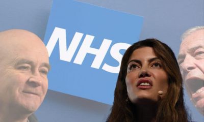 Reform politicians Laila Cunningham and Nigel Farage, the NHS logo, and Mick Lynch