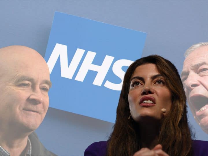 Reform politicians Laila Cunningham and Nigel Farage, the NHS logo, and Mick Lynch