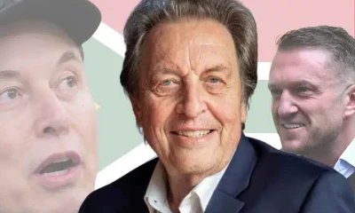 Photos of Elon Musk, Errol Musk, and Tommy Robinson designed together in a collage