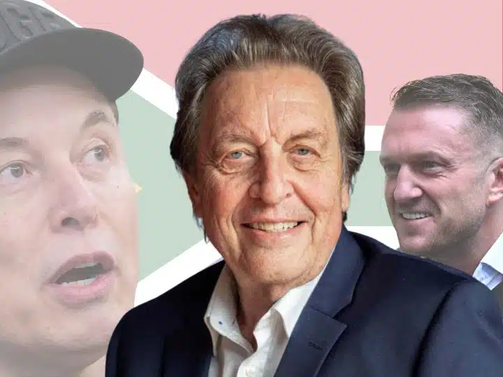 Photos of Elon Musk, Errol Musk, and Tommy Robinson designed together in a collage