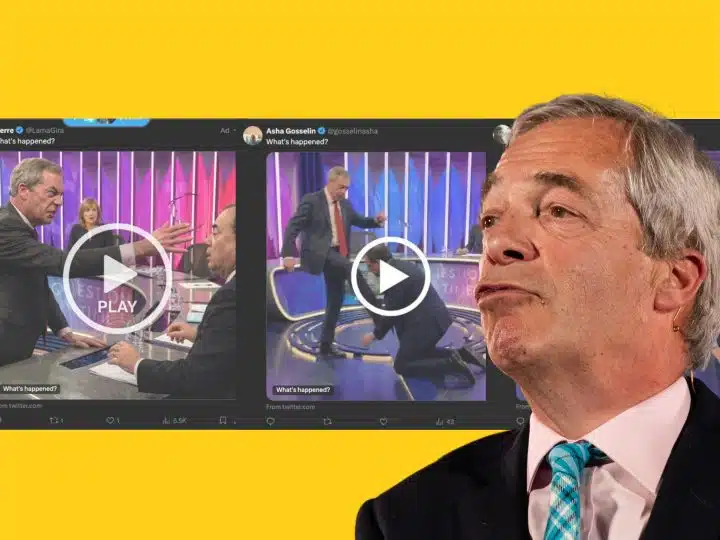 Nigel Farage in front of deepfakes of himself