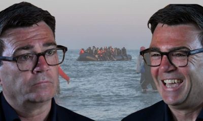 Image of Andy Burnham smiling, image of Andy Burnham frowning, and a small boat crossing the English channel