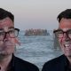 Image of Andy Burnham smiling, image of Andy Burnham frowning, and a small boat crossing the English channel