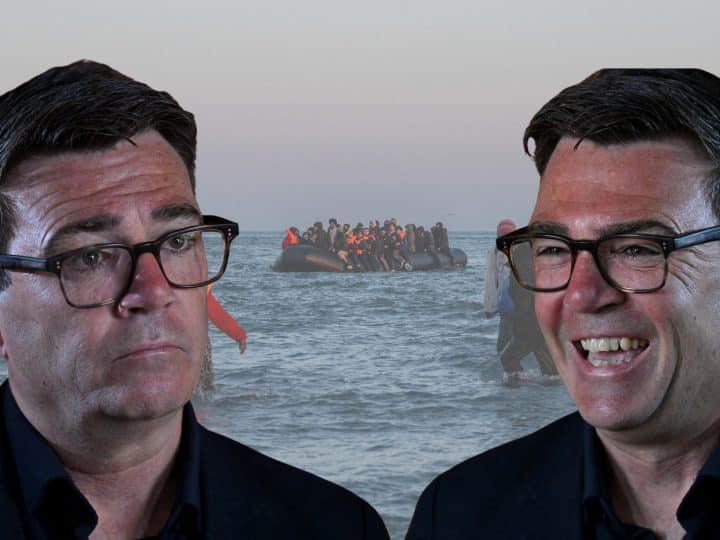 Image of Andy Burnham smiling, image of Andy Burnham frowning, and a small boat crossing the English channel