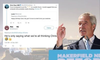 Nigel Farage in front of a social media post from Robert Kenyon of Reform UK