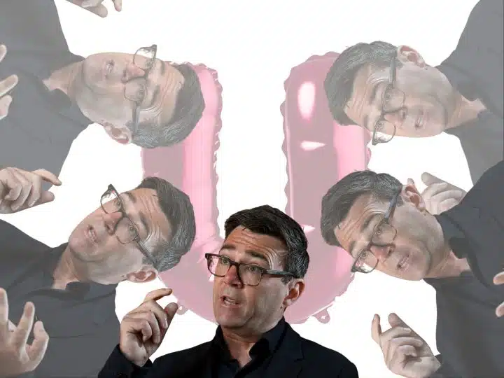 Images of Andy Burnham in front of a big U (Waspi women)
