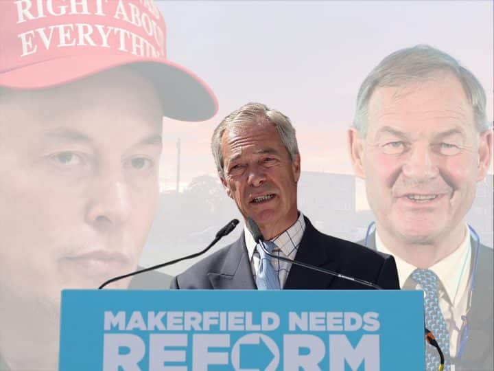 Nigel Farage with Elon Musk and Rupert Lowe behind him