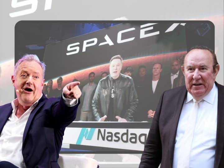 Piers Morgan and Andrew Neil looking at images of Elon Musk becoming a trillionaire