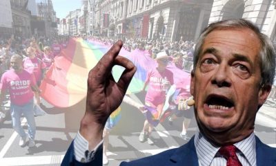 Nigel Farage, Reform leader, against a separate photo of Pride flag
