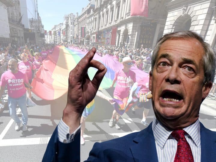 Nigel Farage, Reform leader, against a separate photo of Pride flag