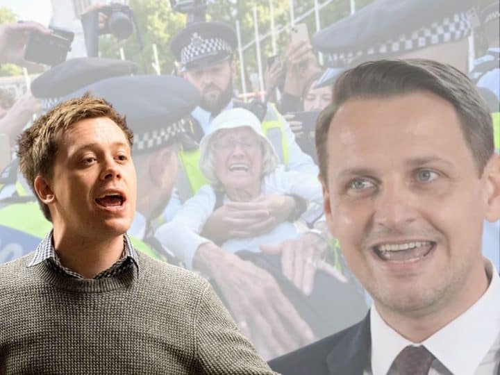 Owen Jones, Mike Tapp, and police arresting a Palestine Action supporter