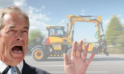 Reform leader Nigel Farage in front of JCB's Zionist pothole machine