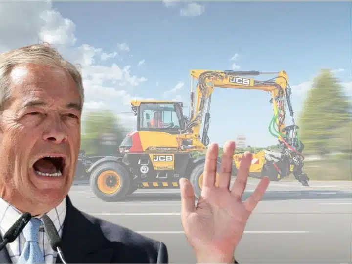 Reform leader Nigel Farage in front of JCB's Zionist pothole machine