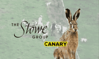An image of a pack of hounds catching a hare at a fence line. In the foreground is Stowe School's logo and next to it is a european brown hare and the Canary logo