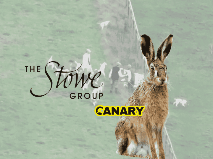 An image of a pack of hounds catching a hare at a fence line. In the foreground is Stowe School's logo and next to it is a european brown hare and the Canary logo