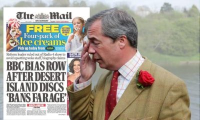 Nigel Farage and a Daily Mail front page talking about him being 'banned' by Desert Island Discs