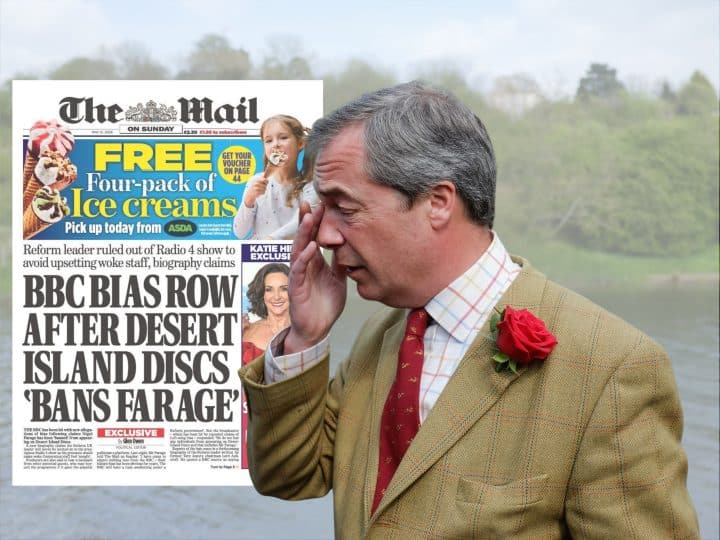 Nigel Farage and a Daily Mail front page talking about him being 'banned' by Desert Island Discs