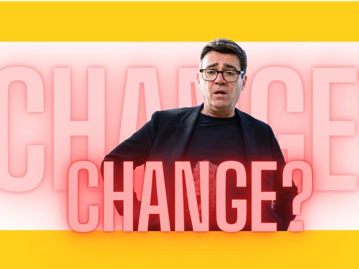 Andy Burnham staring at the word 'CHANGE'
