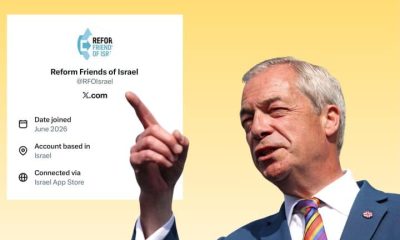 Nigel Farage pointing at the account details for 'Reform Friends of Israel'