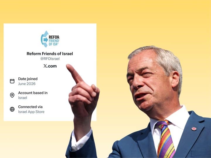 Nigel Farage pointing at the account details for 'Reform Friends of Israel'