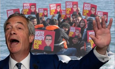 Nigel Farage in front of the offending image - Reform UK