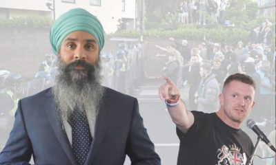 Bobby Singh (left) and Tommy Robinson (right) in separate photos designed next to one another. Singh buttoning his suit and Robinson speaking into a microphone pointing