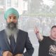Bobby Singh (left) and Tommy Robinson (right) in separate photos designed next to one another. Singh buttoning his suit and Robinson speaking into a microphone pointing