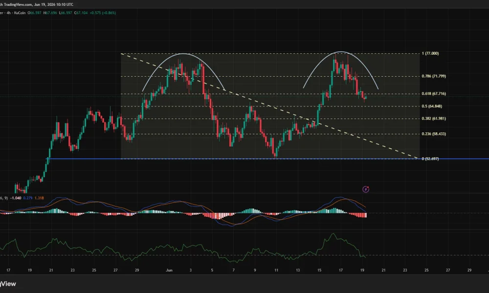 HYPE 4-hour chart forming a double-top pattern near $77, with price breaking below key Fibonacci levels as MACD and CMF turn bearish.