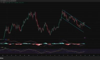Hyperliquid (HYPE) 4-hour chart showing price testing the upper boundary of a descending channel with improving MACD and RSI momentum.