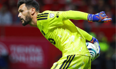 Hugo Lloris of Los Angeles FC throws the ball during the second leg semifinal match between Toluca and Los Angeles FC of the CONCACAF Champions Cup 2026 at Nemesio Diez Stadium on May 06, 2026 in Toluca, Mexico.