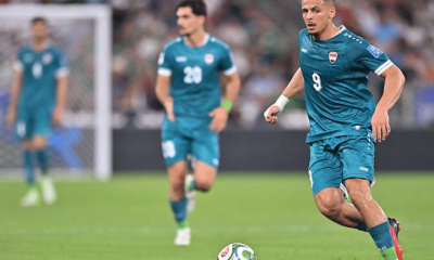 Ali Al-Hamadi of Iraq, who also plays for Ipswich, drives the ball during the FIFA World Cup 2026 Play-Off tournament final match between Iraq and Bolivia at Estadio Monterrey on March 31, 2026 in Guadalupe, Mexico.
