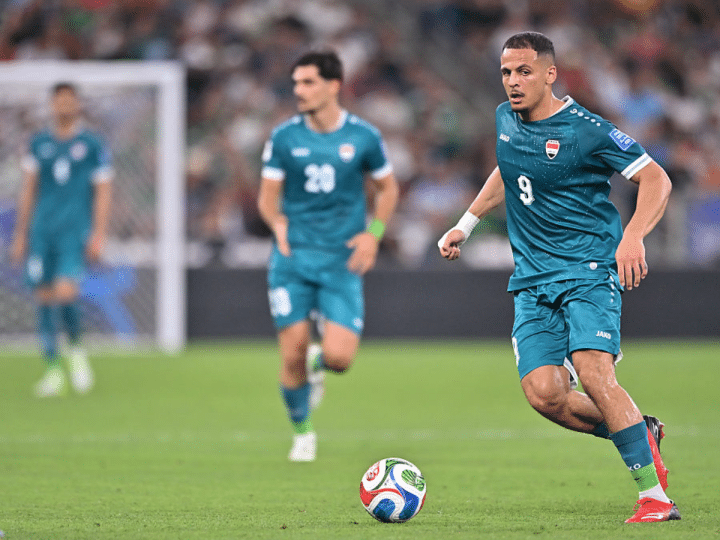 Ali Al-Hamadi of Iraq, who also plays for Ipswich, drives the ball during the FIFA World Cup 2026 Play-Off tournament final match between Iraq and Bolivia at Estadio Monterrey on March 31, 2026 in Guadalupe, Mexico.