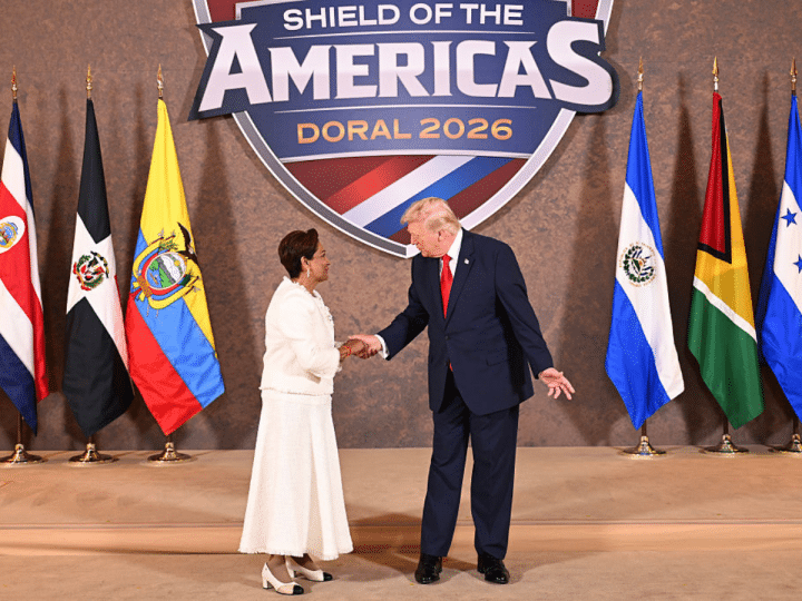 U.S. President Donald Trump greets Kamla Persad-Bissessar, SC, MP, Prime Minister of the Republic of Trinidad and Tobago, as he hosts “The Shield of the Americas Summit ,“ a gathering with heads of state and government officials from 12 countries in the Americas at the Trump National Doral Golf Club on March 7, 2026 in Doral, Florida. The White House describes the gathering as a landmark summit aimed at reshaping regional alliances and reinforcing U.S. influence in the Western Hemisphere.