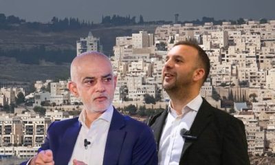 Composite image showing Sadiq Khan and Zack Polanski in front of a photo of an Israeli settlement in the West Bank