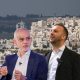 Composite image showing Sadiq Khan and Zack Polanski in front of a photo of an Israeli settlement in the West Bank